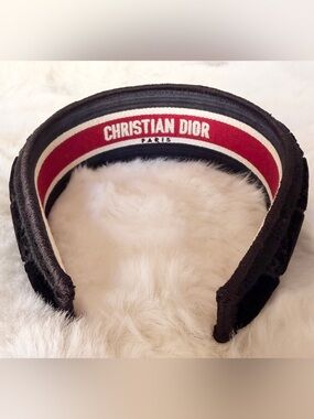 Christian Dior Black Velvet Cannage Headband Wide Logo Headband
